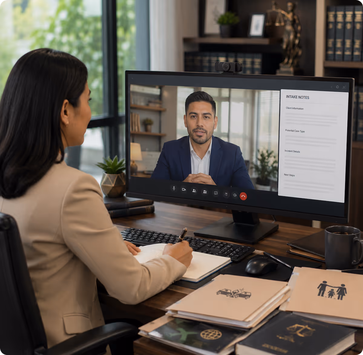 Woman in blazer taking notes during virtual video call with man shown on computer screen with intake notes.