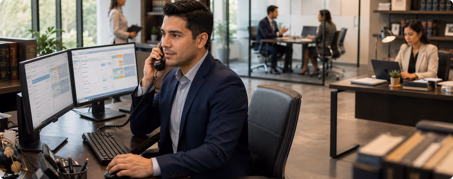 Man in suit on phone at desk with dual monitors, others work in a modern office with glass walls.