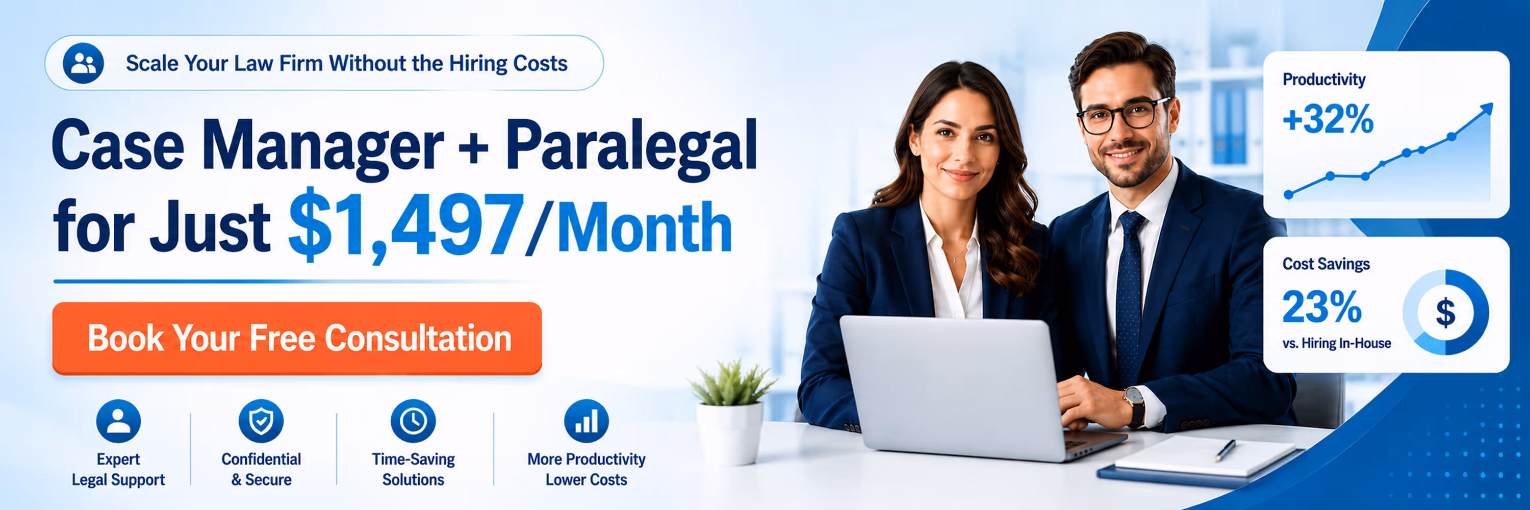 Smiling man and woman in suits at a laptop advertising case manager and paralegal service for $1,497 per month.