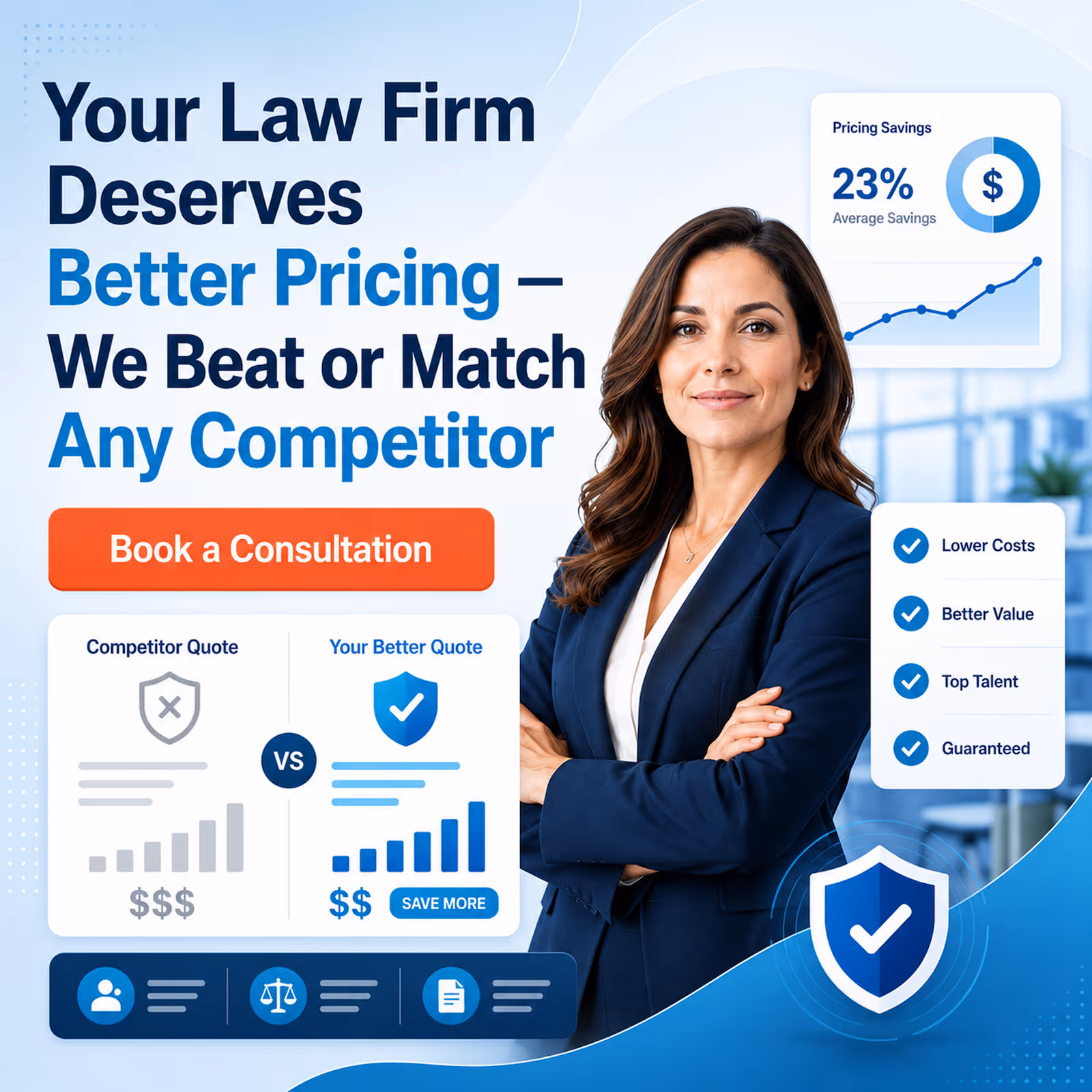 Confident woman in blue suit with text about law firm pricing and booking a consultation.