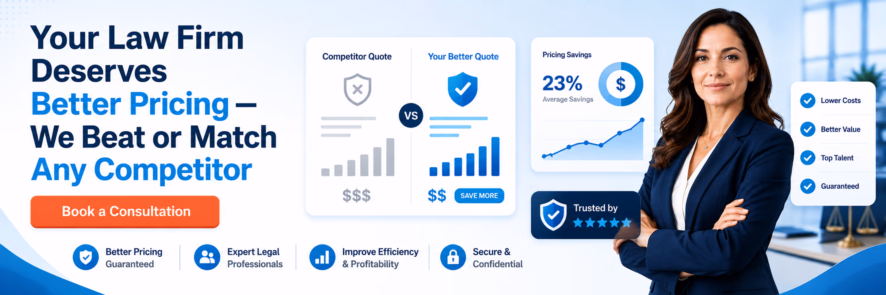Confident woman in business suit promotes law firm pricing savings and consultation booking.