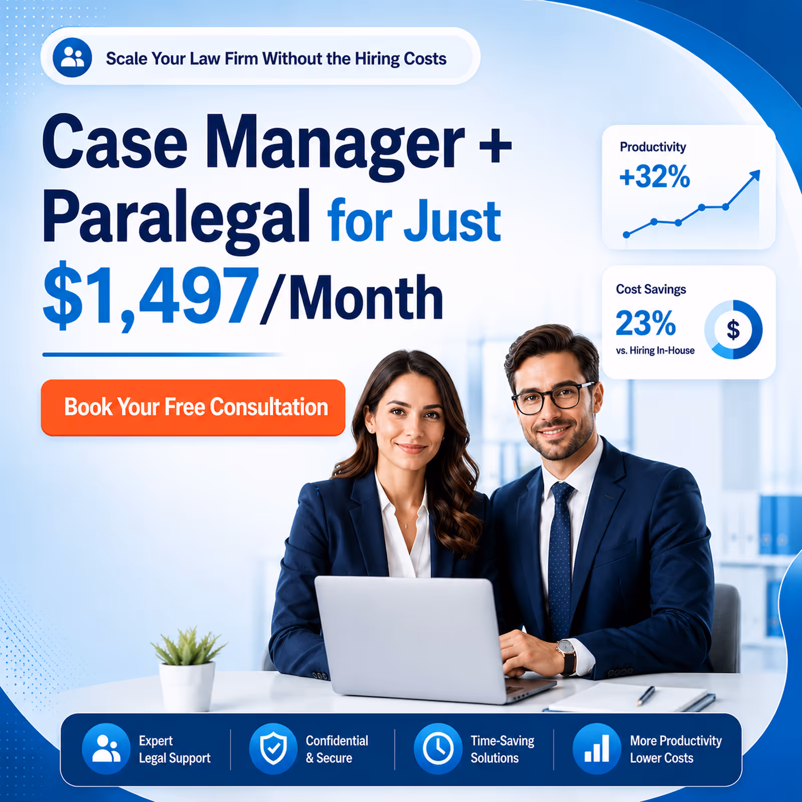 Two business professionals in suits with a laptop promoting legal support services for $1,497/month.