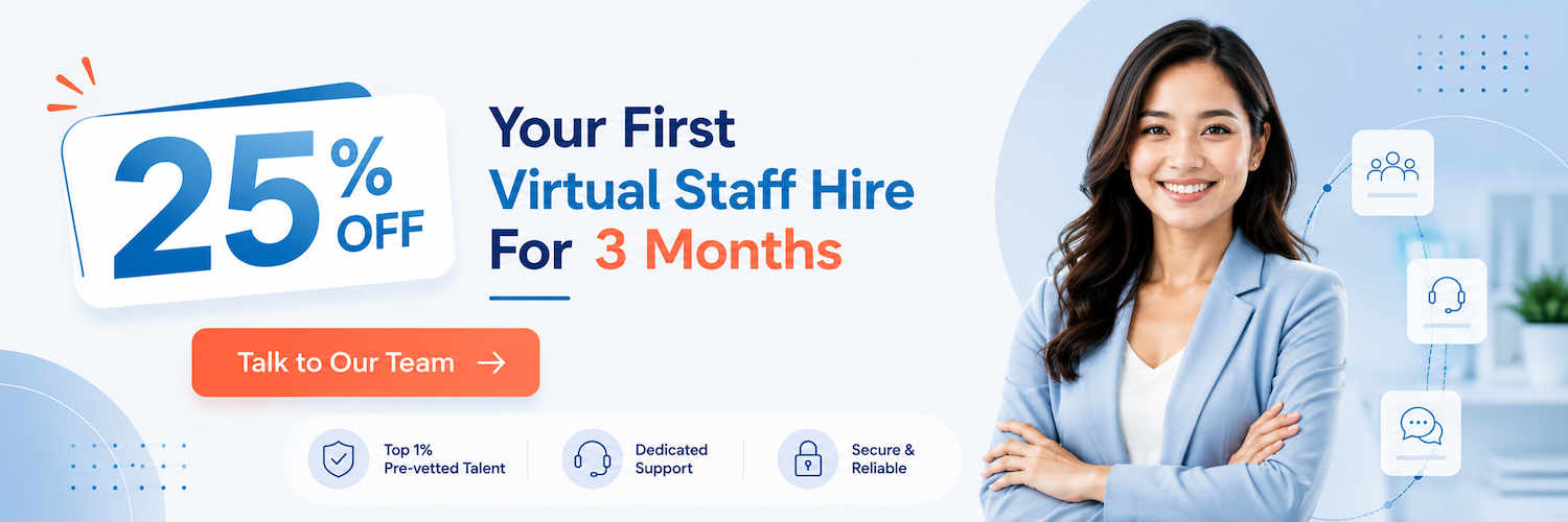 Advertisement offering 25% off your first virtual staff hire for 3 months with a smiling businesswoman.