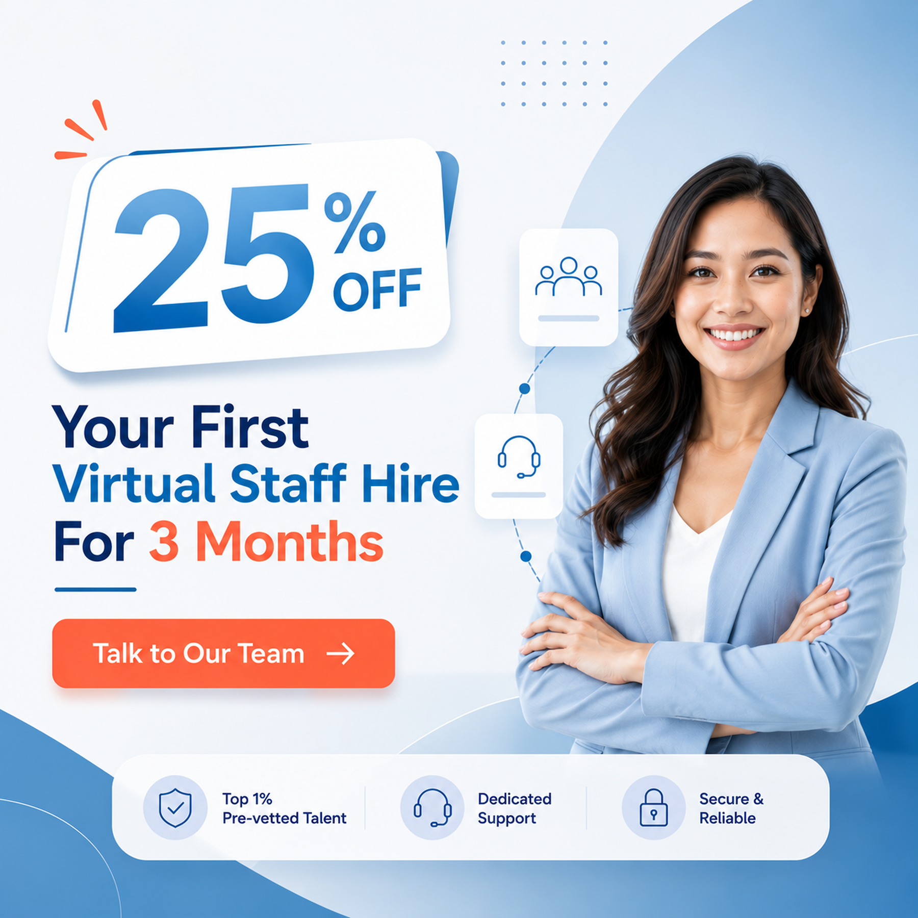 Smiling woman in blue blazer next to text offering 25% off first virtual staff hire for three months.