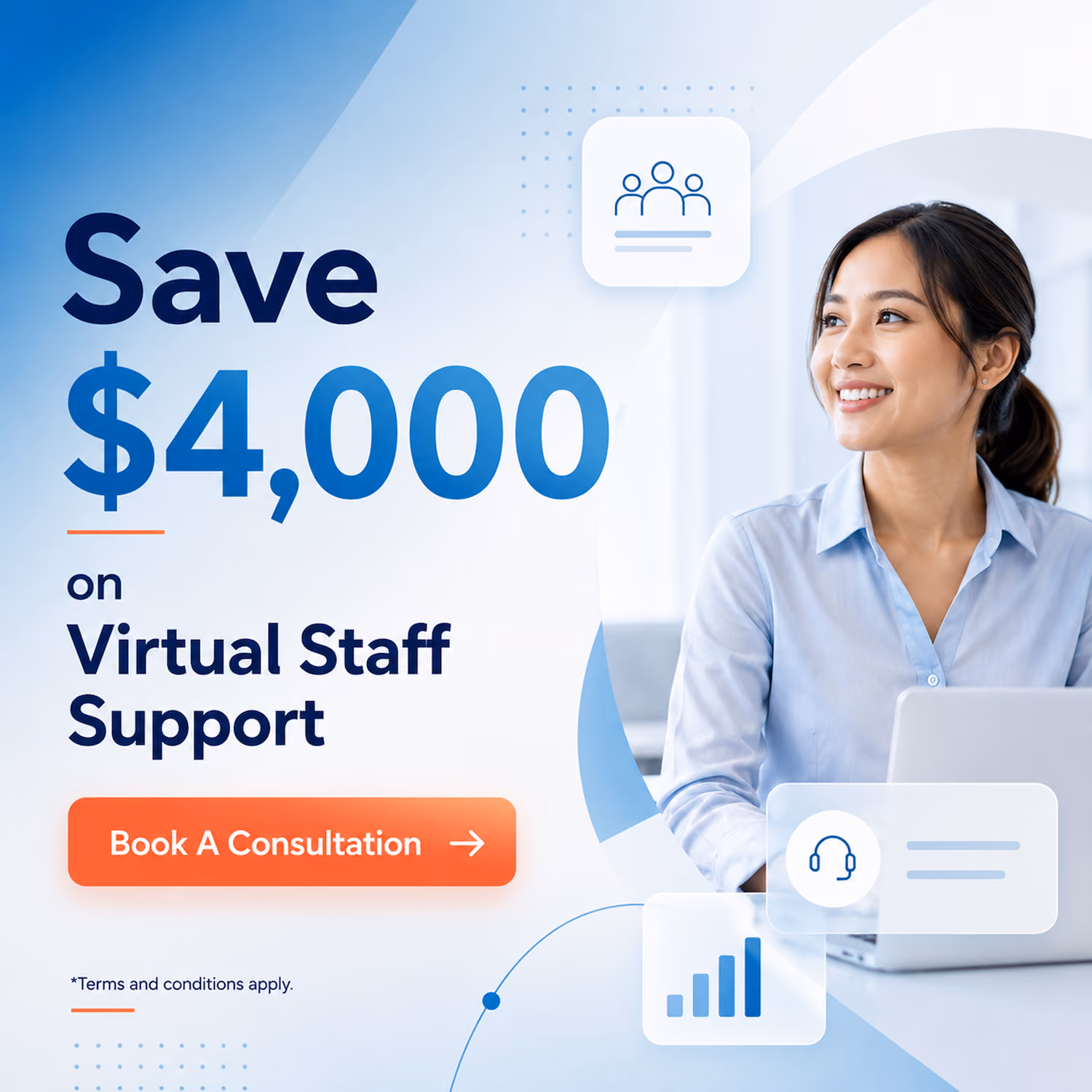 Smiling woman with laptop beside text offering $4,000 savings on virtual staff support with consultation button.