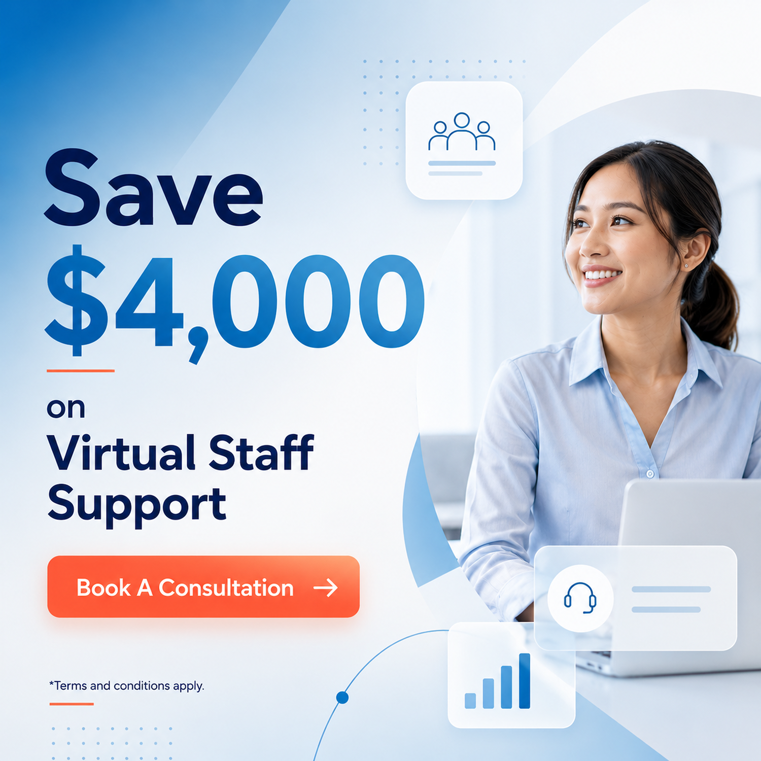 Smiling woman with laptop beside text offering $4,000 savings on virtual staff support with consultation button.