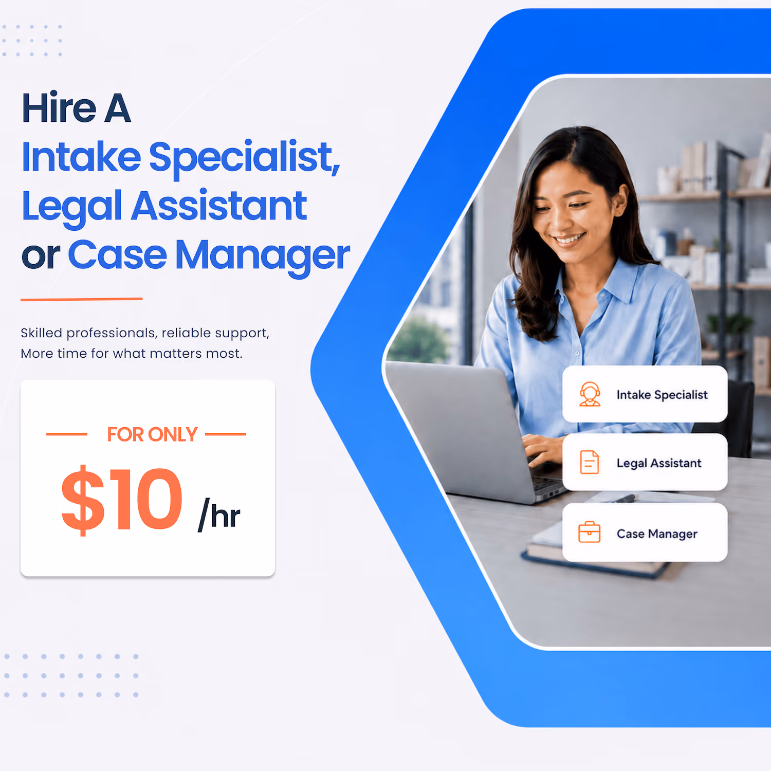 Smiling woman working on laptop offering Intake Specialist, Legal Assistant, or Case Manager at $10 per hour.