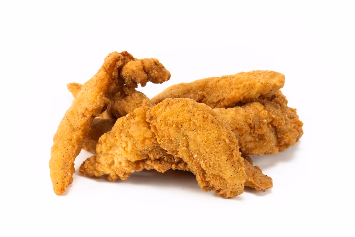 Three crispy fried chicken tenders are arranged on a white background.