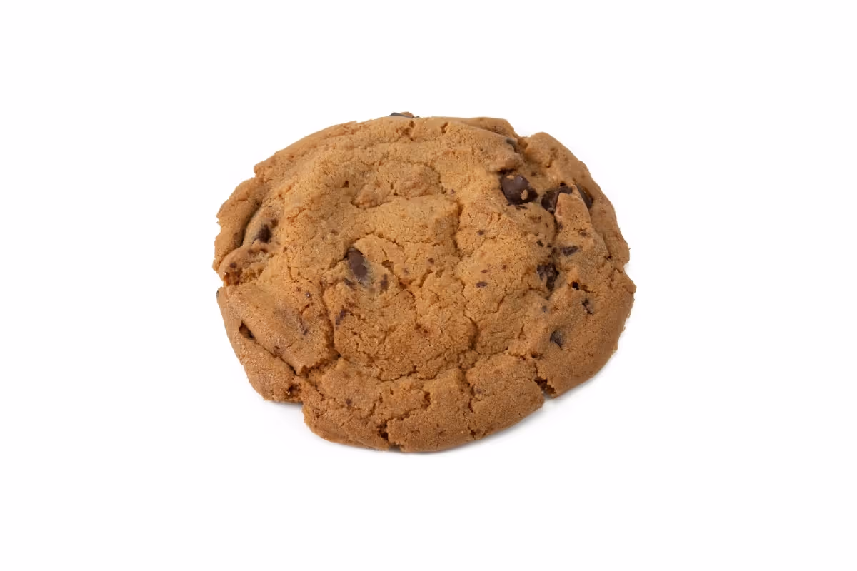 A single chocolate chip cookie on a white background.