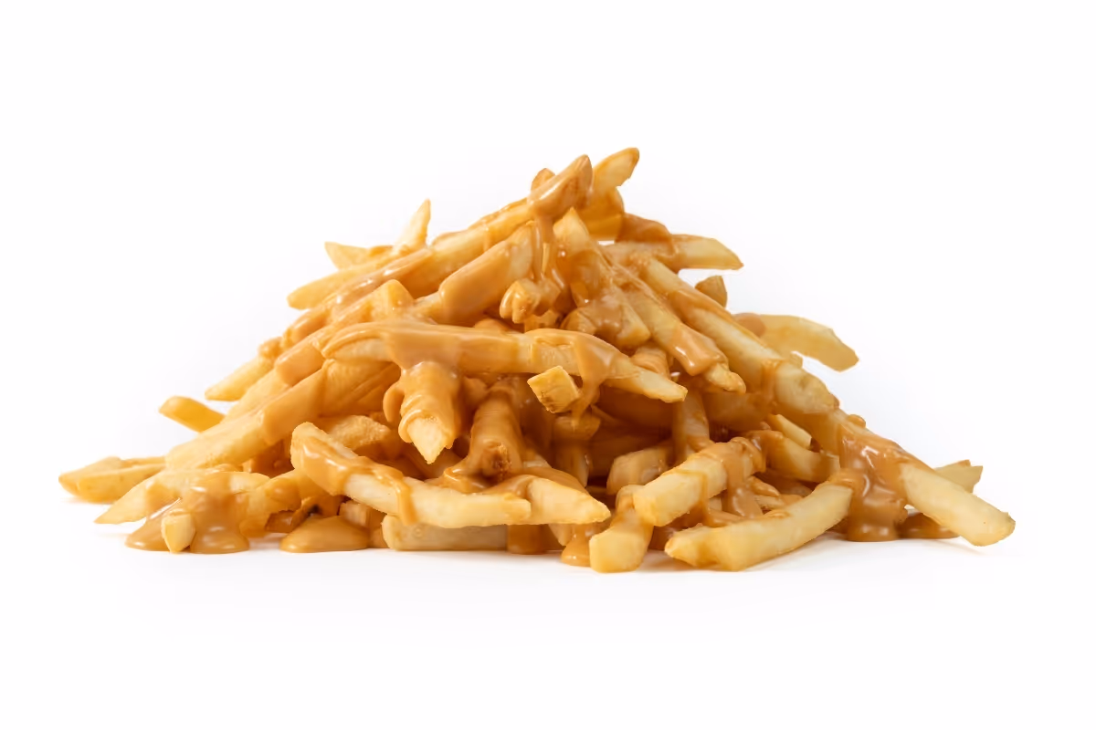 A pile of French fries topped with brown gravy, photographed on a white background.