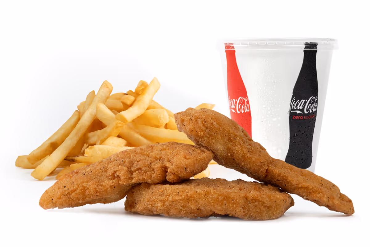 Three breaded chicken tenders, a pile of French fries, and a cup of Coke Zero on a white background.