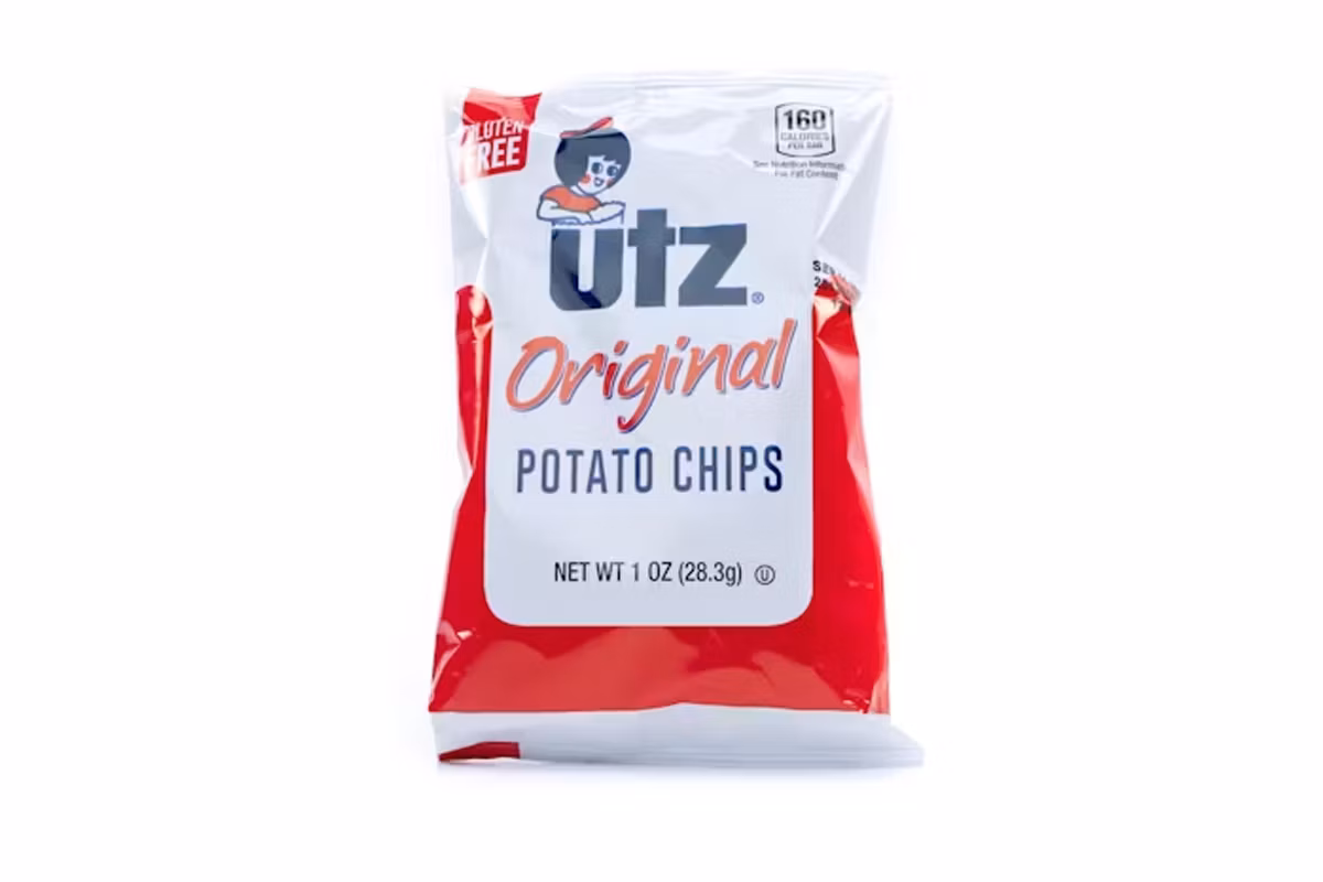 A bag of Utz Original Potato Chips, 1 oz size, with gluten-free label and red, white, and blue packaging.