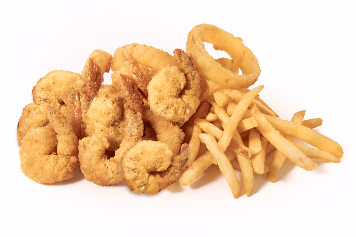 Fried shrimp, onion rings, and French fries on a white background.