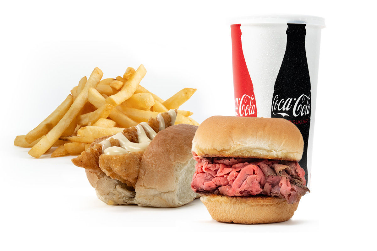 A meal with French fries, a fried chicken sandwich, a roast beef sandwich, and a large cup of Coca-Cola.