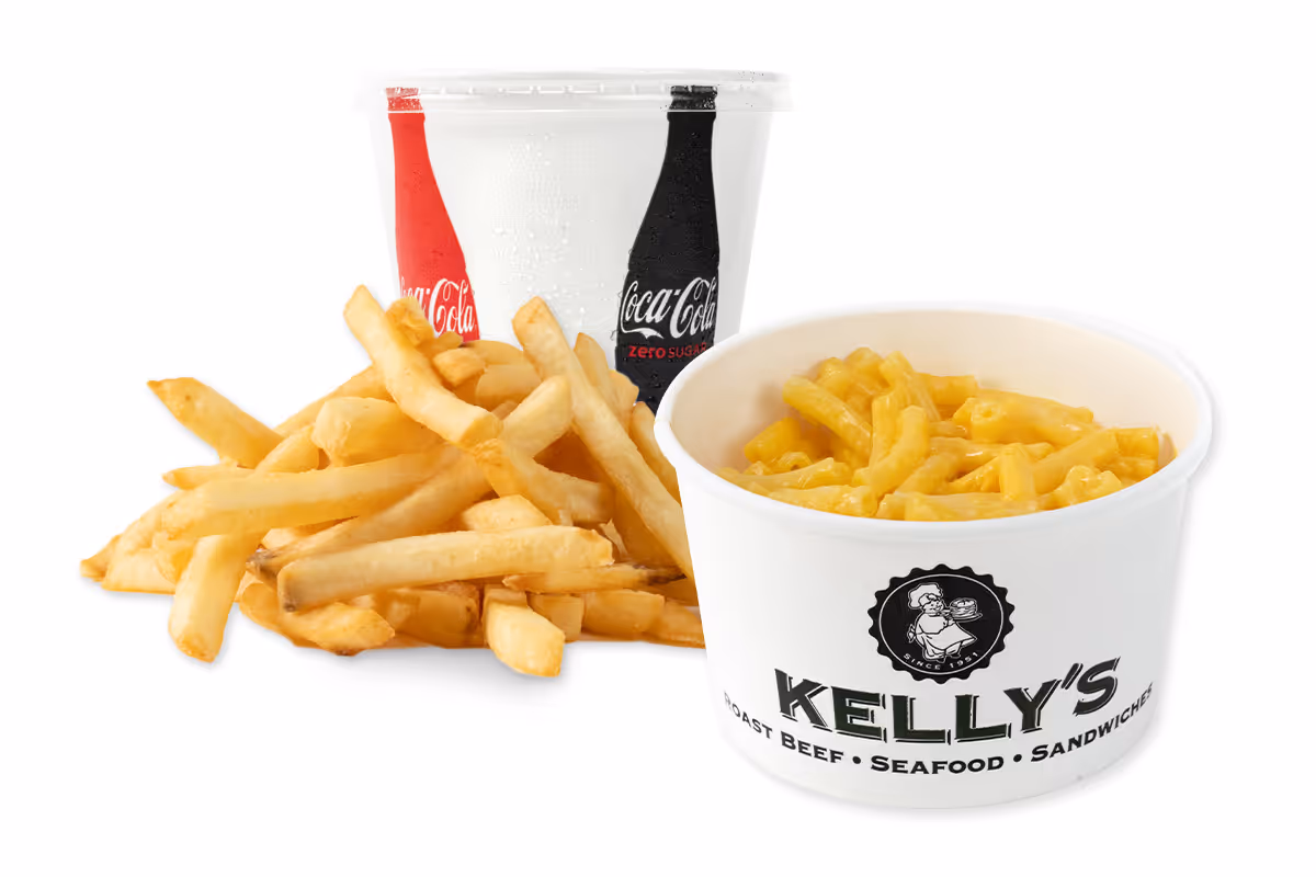 French fries, a cup of macaroni and cheese, and a cold drink in a cup labeled with Coke logos, all from Kelly's.