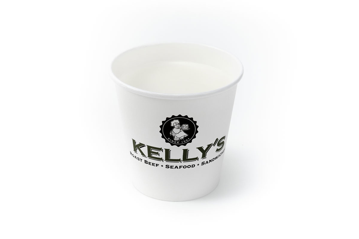 A white paper cup filled with water, featuring the Kelly’s logo and branding on the front.