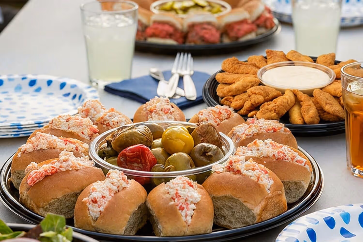 A platter of stuffed rolls with a center bowl of pickled vegetables, next to fried chicken strips and dipping sauce.