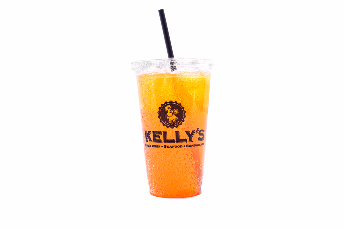 A plastic cup with orange beverage, ice, and a black straw, labeled "Kelly's" on a white background.