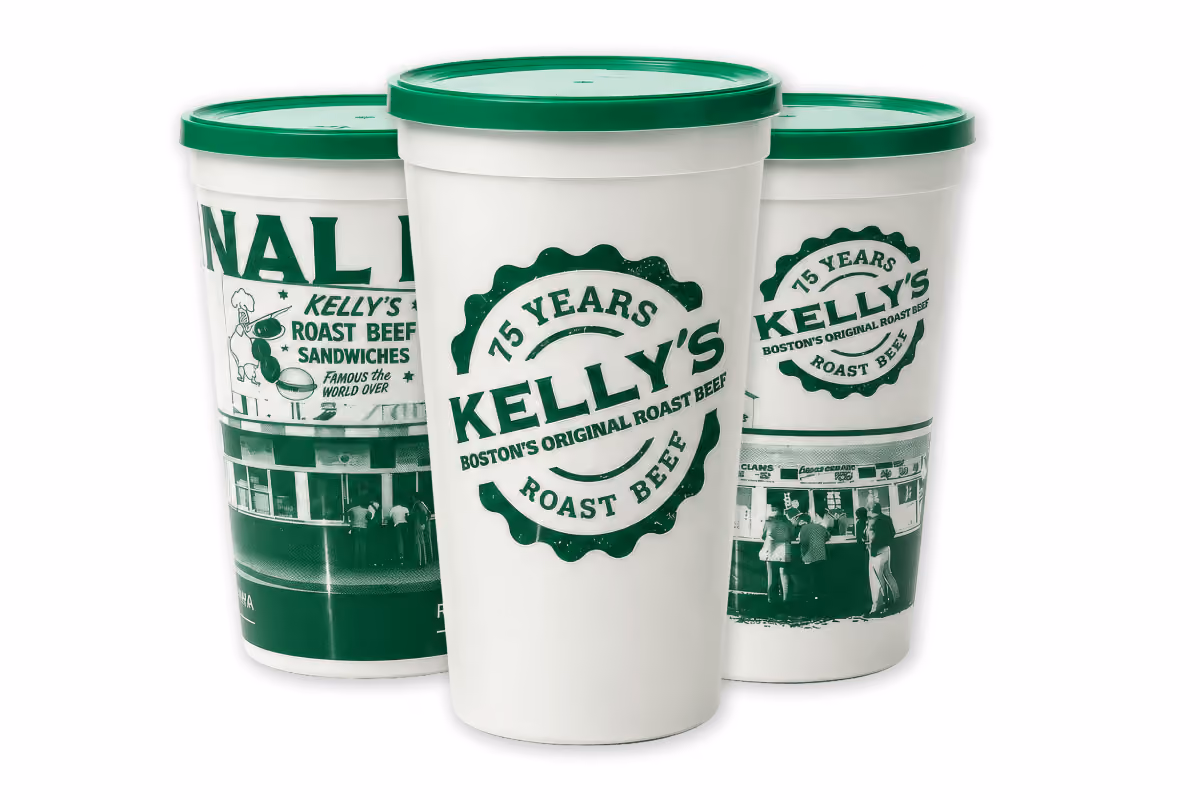 Three white and green cups with "Kelly's Roast Beef 75 Years" logo and vintage photos printed on them.