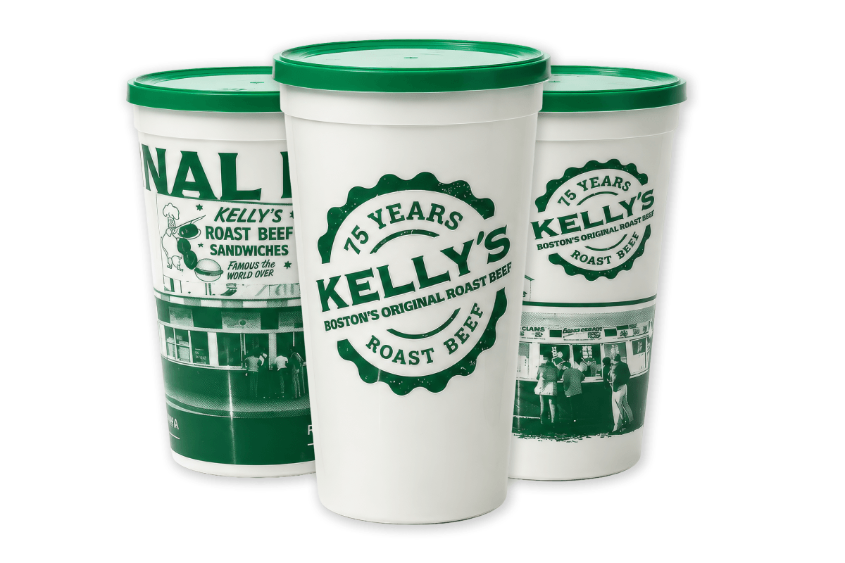 Three white and green cups with "Kelly's Roast Beef 75 Years" logo and vintage photos printed on them.