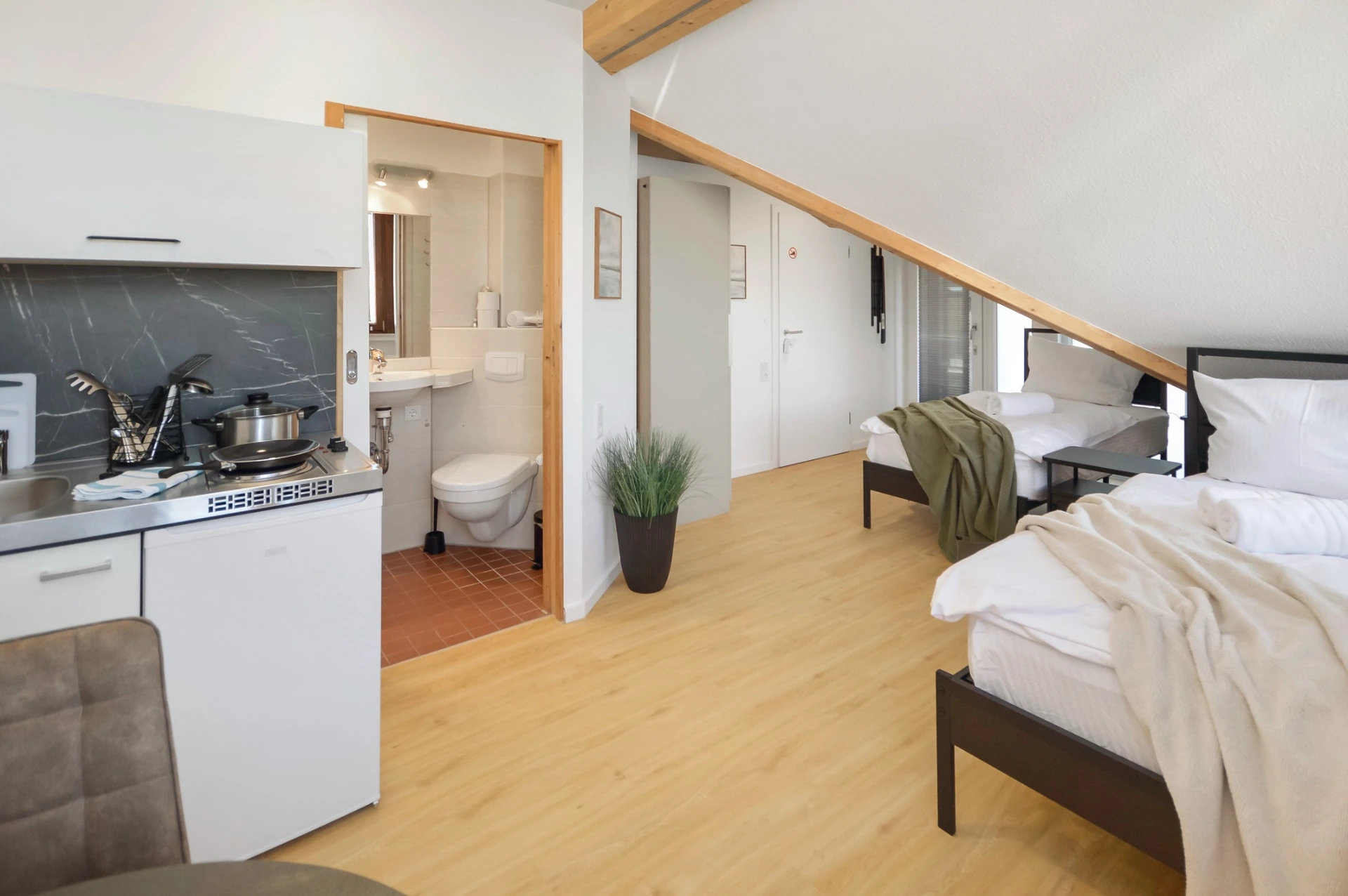 Studio-Apartment in Detmold mit Kitchenette, eigenem Bad und zwei Einzelbetten.