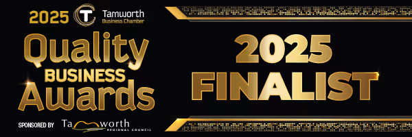 2025 Quality Business Awards Tamworth Business Chamber 2025 Finalist gold text on black background with gold decorative borders.