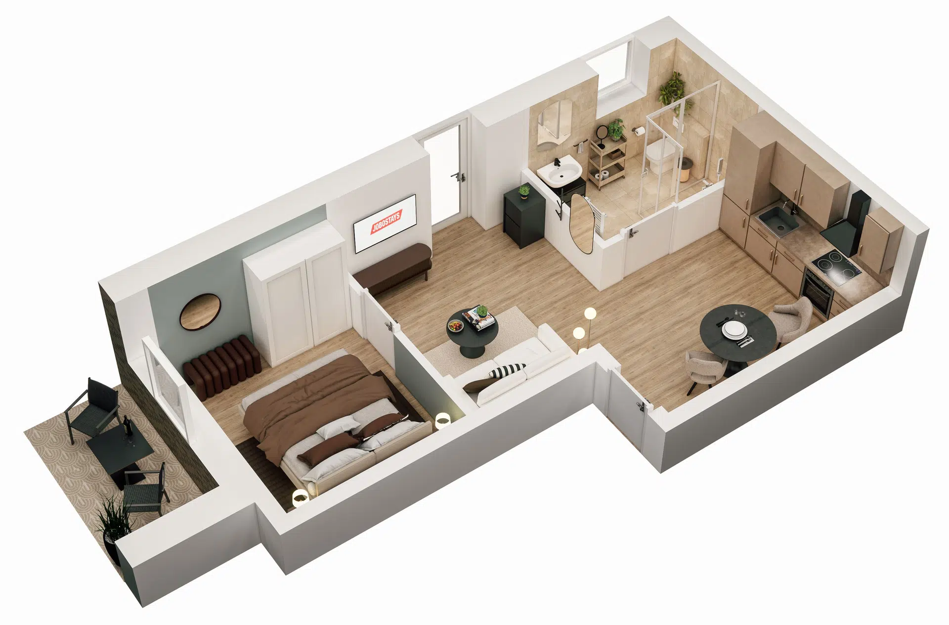 3D-Grundriss einer Ferienwohnung in Bad Zwischenahn mit Wohnbereich, Küche und Bad
