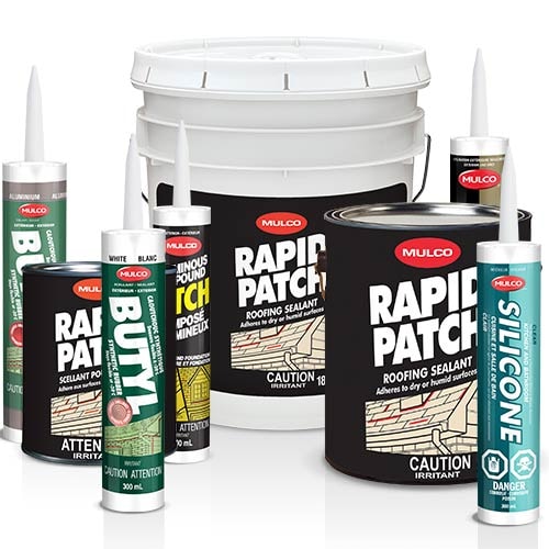 Group of Mulco Rapid Patch roofing sealant products including tubes and buckets in various sizes.