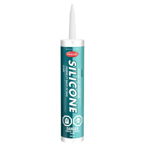 Tube of Mulco clear silicone sealant for kitchen and bathroom interior use.