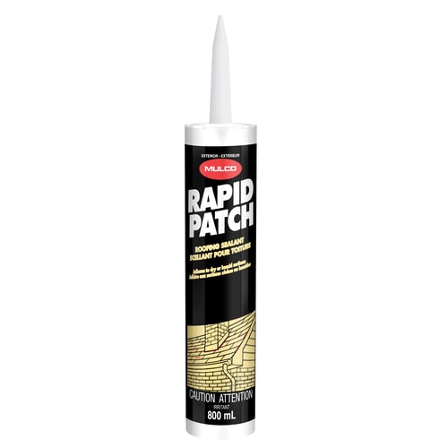 Tube of Mulco Rapid Patch roofing sealant for exterior use with 800 mL capacity.