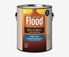 Can of Flood Pro Series CWF UV5 penetrating wood finish for decks, fences, and siding.