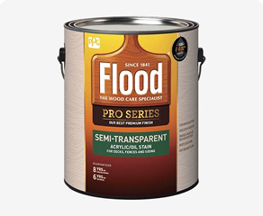 Can of Flood Pro Series semi-transparent acrylic stain for wood care on decks, fences, and siding.