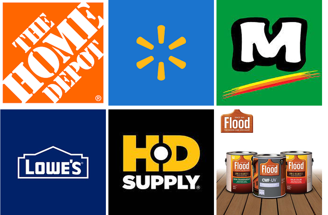 Collage of six home improvement logos and products: The Home Depot, Walmart, Menards, Lowe's, HD Supply, and Flood wood care stain cans.