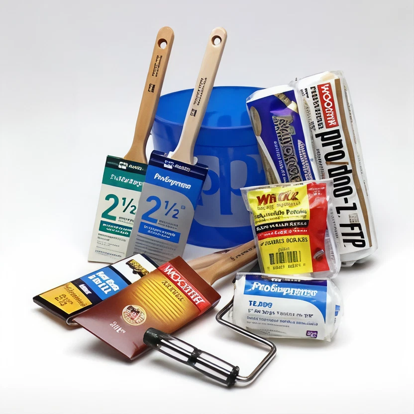 Two paintbrushes, several paint rollers in packaging, a paint roller frame, and a blue plastic bucket arranged on a white background.