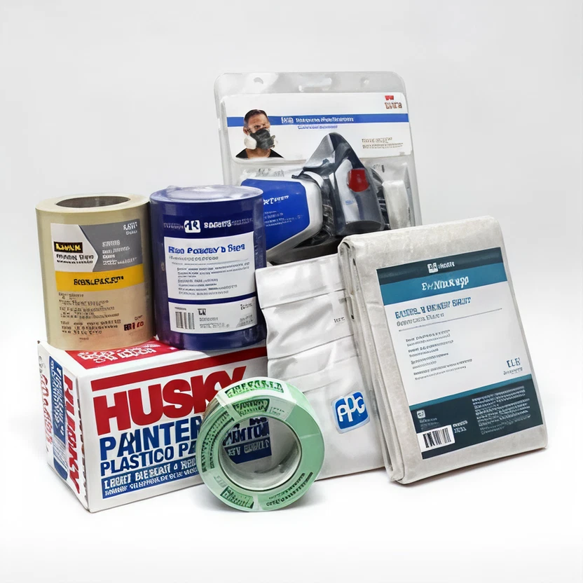 Various painting supplies including Husky plastic painter’s tray, masking tape rolls, painter’s cloths, and a protective respirator mask.