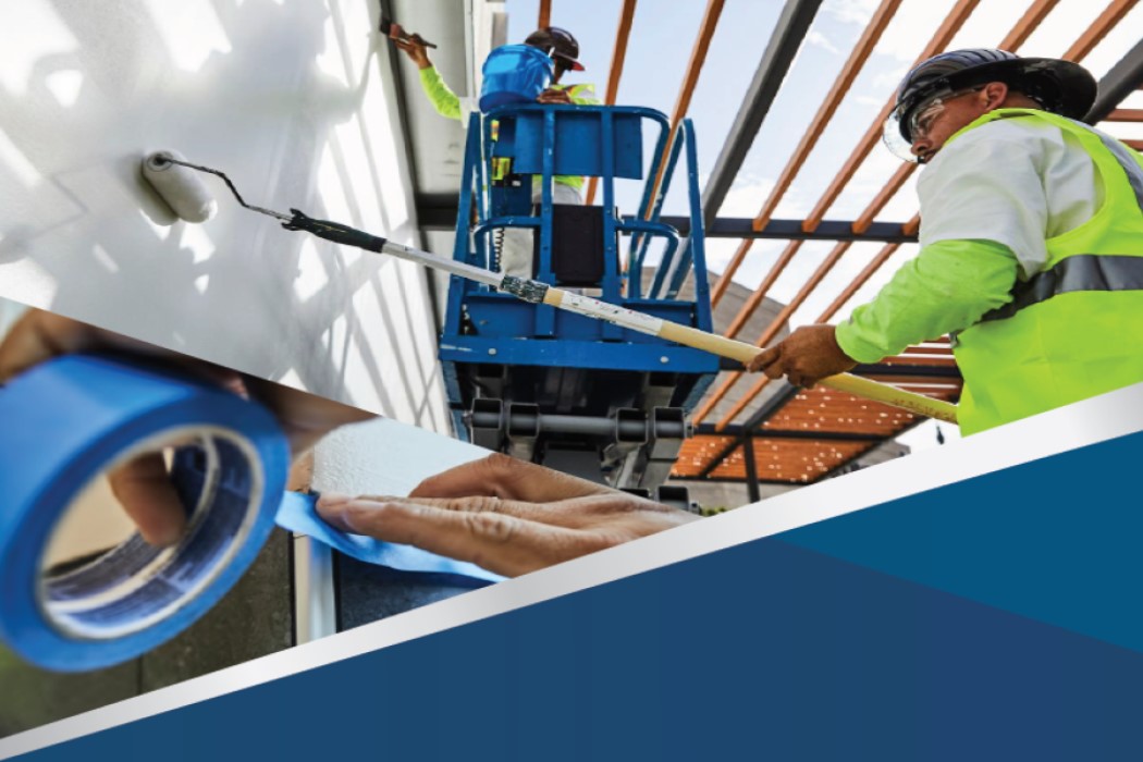 Worker wearing safety gear painting a wall white with a roller on an extended pole, with an inset image of hands applying blue painter's tape.