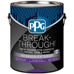 Can of PPG Break-Through! interior/exterior enamel paint for cabinets, doors, trim, and more.