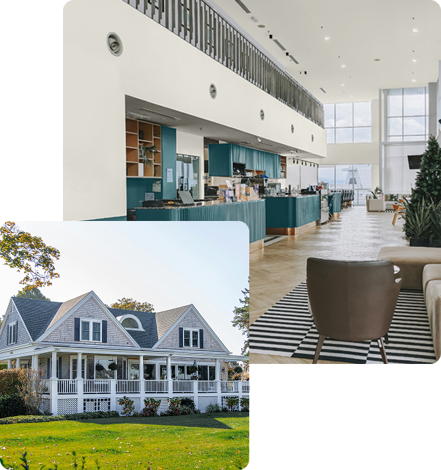 Modern cafe interior with high ceilings, teal counters, and a seating area with chairs and a striped rug; inset shows a large traditional two-story house with a wraparound porch and well-kept lawn.