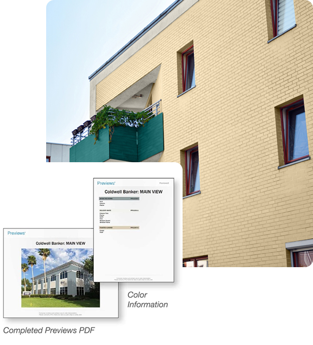 Yellow brick apartment building with green balcony planters and inset triangular architectural detail, overlaid with two preview documents labeled 'Coldwell Banker: MAIN VIEW' showing a building photo and color information.