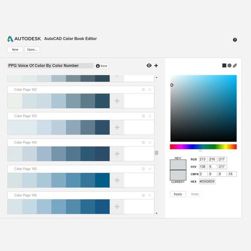 AutoCAD Color Book Editor interface showing color swatches for PPG voice of color, with RGB, HSV, CMYK, and HEX color values displayed.