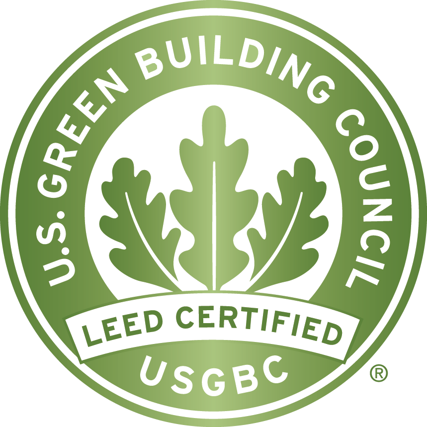 U.S. Green Building Council LEED Certified seal with three green oak leaves in a circular design.