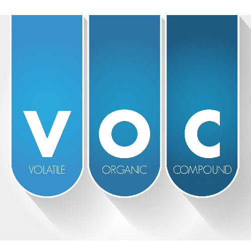 Three vertical rounded banners in shades of blue displaying the letters V, O, and C with the words Volatile, Organic, and Compound below each letter respectively.