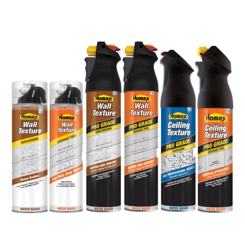 Six cans of Homax texture sprays including Wall Texture Knockdown, Wall Texture Orange Peel, and Ceiling Texture Popcorn in various sizes.