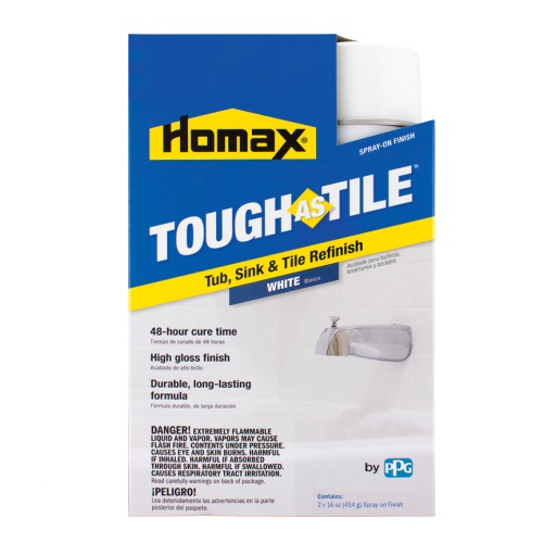 Homax Tough as Tile spray-on finish for tub, sink, and tile refinishing in white with 48-hour cure time and high gloss finish.