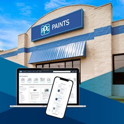 PPG Paints store exterior with a laptop and smartphone displaying the PPG Paints website in front.