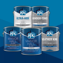 Five PPG paint cans labeled Ultra-Hide, Wonder-Tones, Manor Hall Interior and Exterior, and Weather King Exterior.