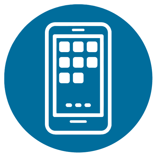 Icon of a smartphone with app grid on the screen within a blue circle background.