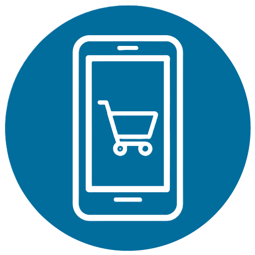 Shopping cart icon displayed on a smartphone screen inside a blue circular background.
