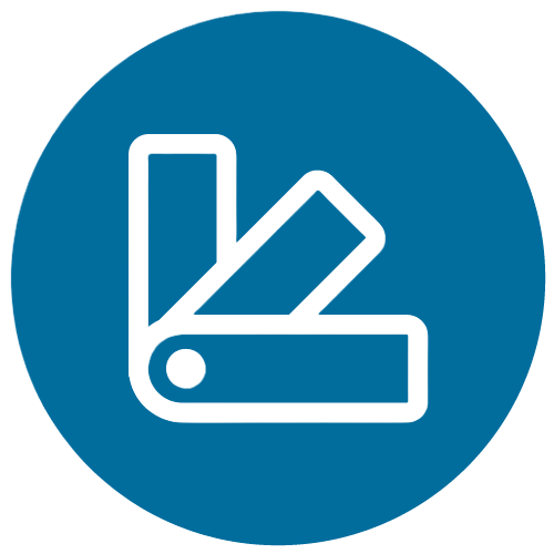 Icon of a color swatch fan with three overlapping color sample rectangles inside a blue circle.