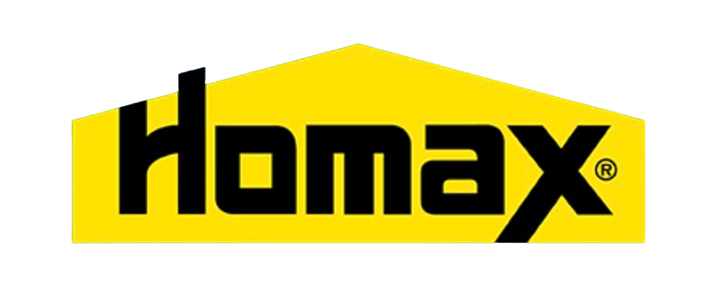 Homax company logo in black letters on a yellow house-shaped background.